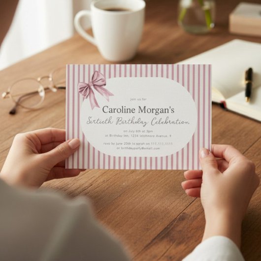 Pink Striped Bow 60th Birthday Celebration  招待状