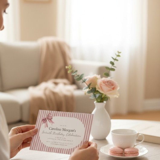 Pink Striped Bow 60th Birthday Celebration  招待状