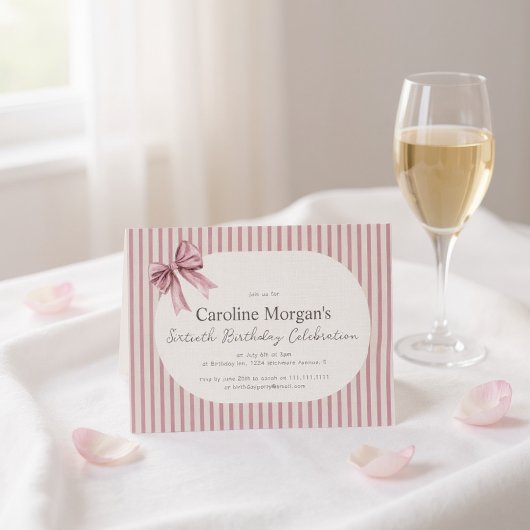 Pink Striped Bow 60th Birthday Celebration  招待状