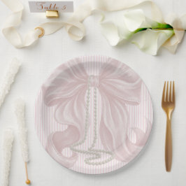 Pink Striped Bow and Pearl Necklace ペーパープレート