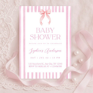 Pink Striped Bow Baby Shower 招待状