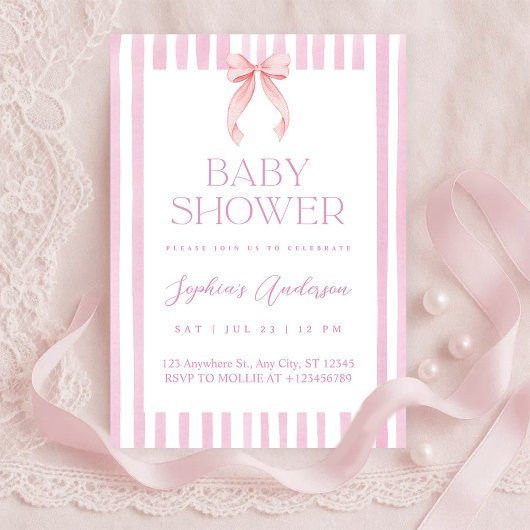 Pink Striped Bow Baby Shower 招待状
