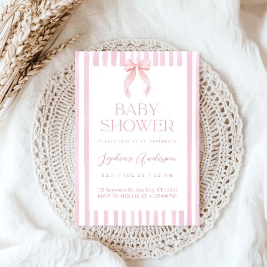 Pink Striped Bow Baby Shower 招待状