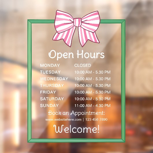Pink Striped Bow Green Frame Open Hours Number ウィンドウサイン (シート2)