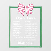 Pink Striped Bow Green Frame Open Hours Number ウィンドウサイン (シート)