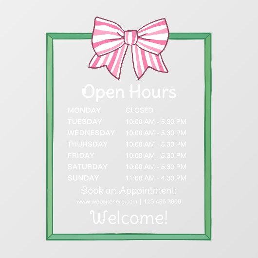Pink Striped Bow Green Frame Open Hours Number ウィンドウサイン (シート)
