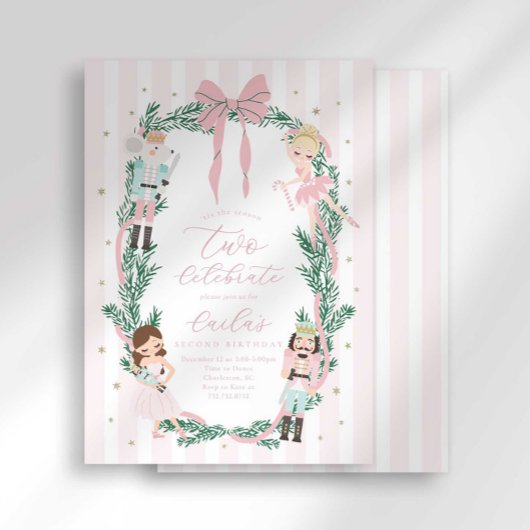 Pink Striped Bow Nutcracker Ballet 2nd Birthday 招待状