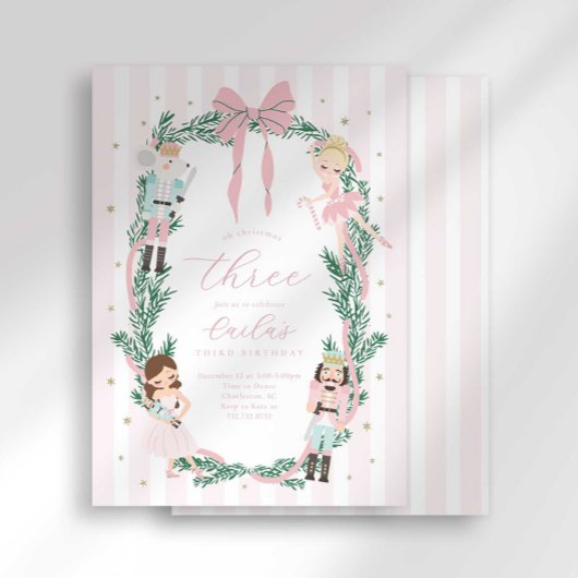 Pink Striped Bow Nutcracker Ballet Third Birthday 招待状