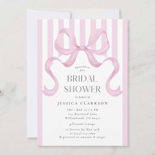 Pink Striped Bow Preppy Bridal Shower Invitation 招待状 (正面)