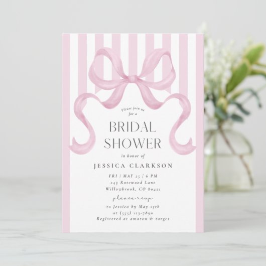Pink Striped Bow Preppy Bridal Shower Invitation 招待状 (スタンド正面)
