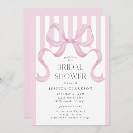 Pink Striped Bow Preppy Bridal Shower Invitation 招待状 (正面/裏面)