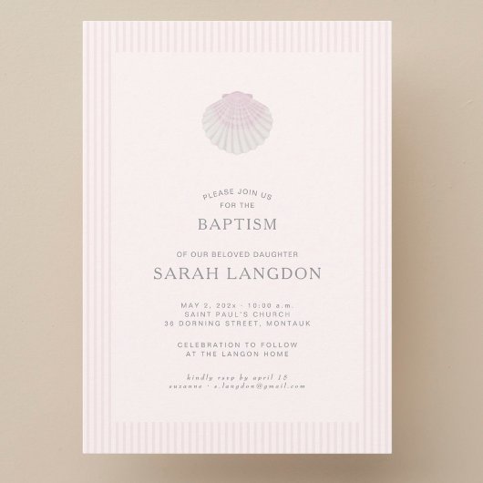 Pink striped coast shell baptism Invitation 招待状