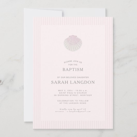 Pink striped coast shell baptism Invitation 招待状 (正面)