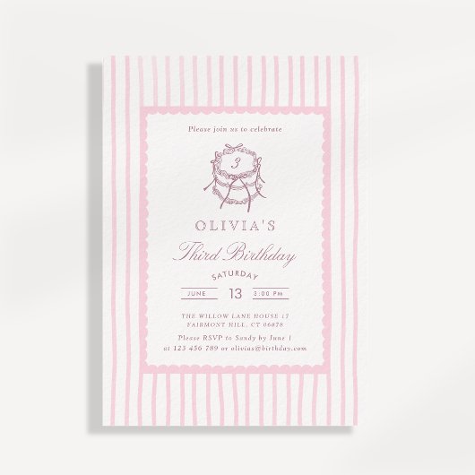 Pink Striped Coquette Third Birthday Invitation  招待状