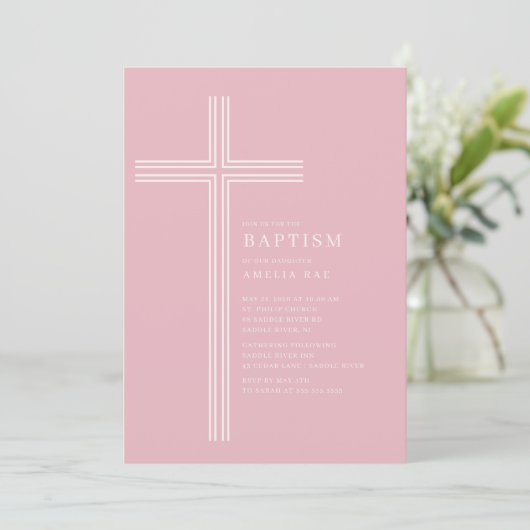 Pink Striped Cross Baptism  招待状 (スタンド正面)