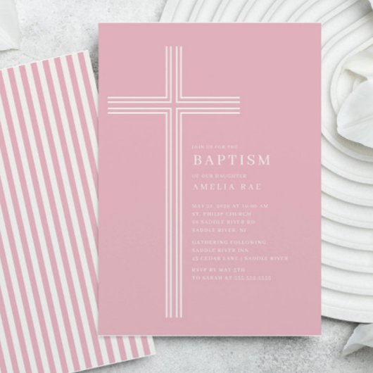 Pink Striped Cross Baptism  招待状
