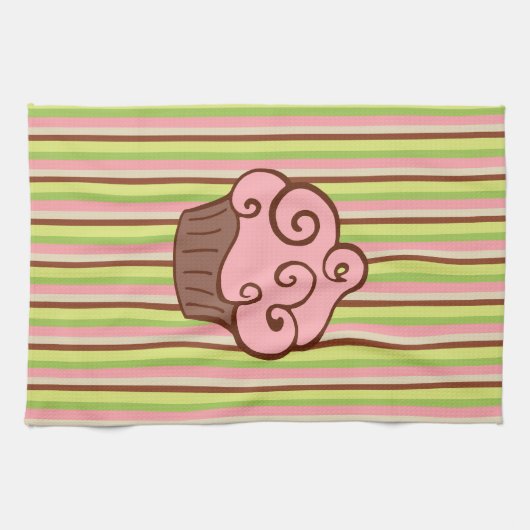 Pink Striped Cupcake Kitchen Towel  キッチンタオル (横)