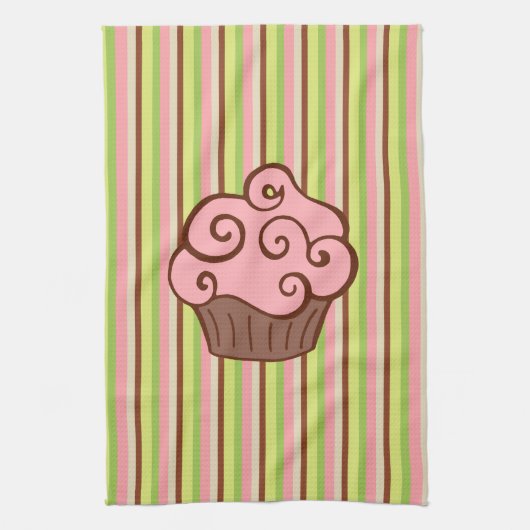 Pink Striped Cupcake Kitchen Towel  キッチンタオル (縦)