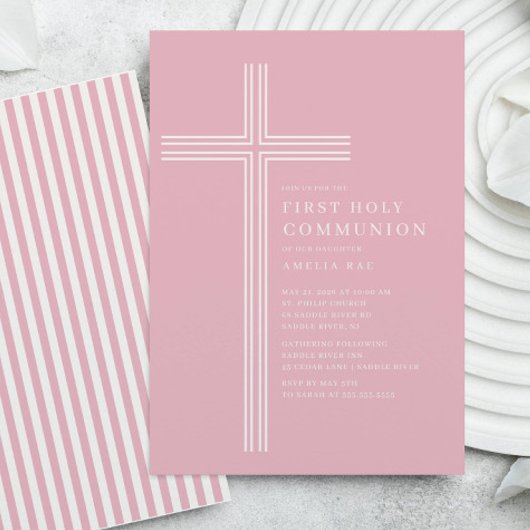 Pink Striped First Communion Invitation 招待状