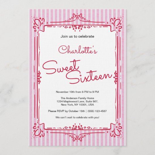 Pink Striped Glam Princess Sweet 16 Party  招待状 (正面)