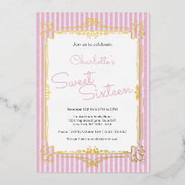 Pink Striped Glam Princess Sweet 16 Party  箔招待状