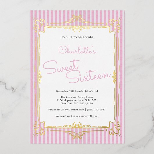 Pink Striped Glam Princess Sweet 16 Party  箔招待状 (正面)