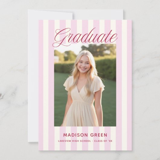 Pink Striped Preppy Graduation 招待状 (正面)