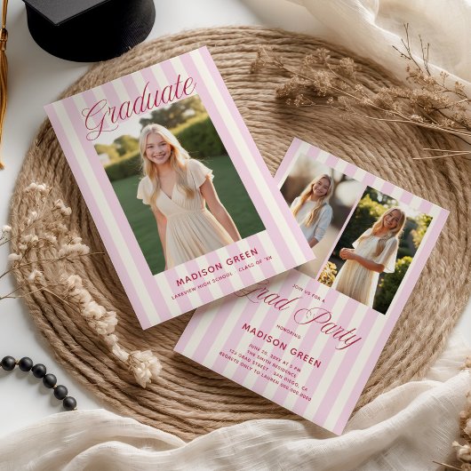 Pink Striped Preppy Graduation 招待状