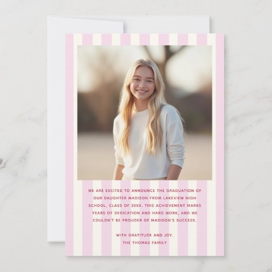 Pink Striped Preppy Graduation 案内状 (裏面)