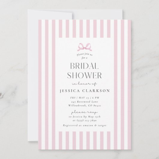 Pink Striped Small Bow Preppy Bridal Shower  招待状 (正面)