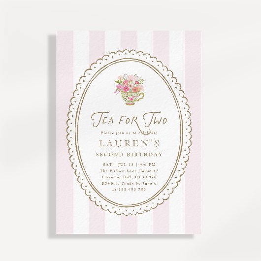 Pink Striped Tea for Two Second Birthday Invitatio 招待状