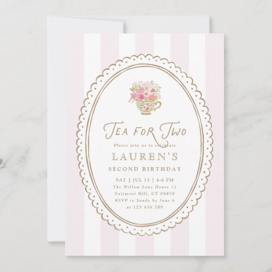 Pink Striped Tea for Two Second Birthday Invitatio 招待状 (正面)