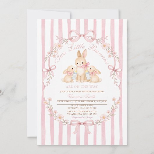 Pink Striped Twins Bunnies Baby Shower Invitation 招待状 (正面)