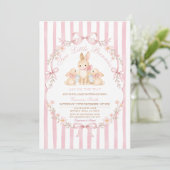 Pink Striped Twins Bunnies Baby Shower Invitation 招待状 (スタンド正面)