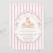 Pink Striped Twins Bunnies Baby Shower Invitation 招待状 (正面/裏面)
