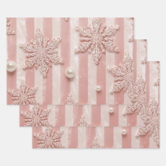Pink Striped Velvet Snowflake  ラッピングペーパーシート (セット)