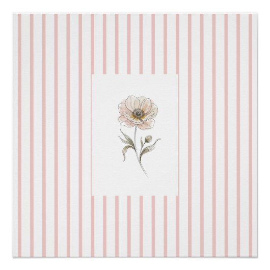 Pink Striped Wall Art Print with Watercolor Rose ポスター (正面)