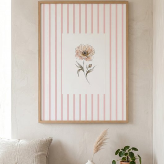 Pink Striped Wall Art Print with Watercolor Rose ポスター