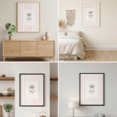 Pink Striped Wall Art Print with Watercolor Rose ポスター