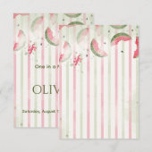 Pink Striped Watermelon First Birthday Party Invit サンキューカード (正面/裏面)