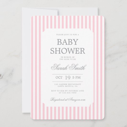 Pink Stripes Baby Shower girl Invitation 招待状 (正面)