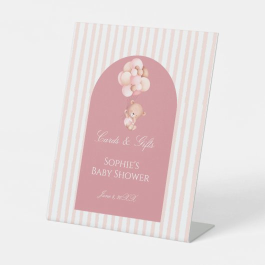Pink Stripes Balloons Cute Teddy Bear Cards & Gift 台座サイン (正面)