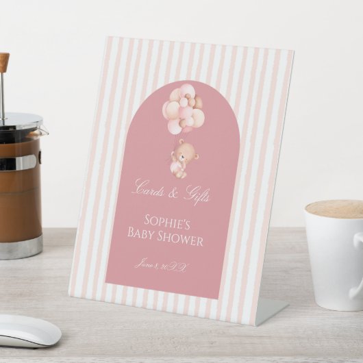 Pink Stripes Balloons Cute Teddy Bear Cards & Gift 台座サイン (インサイチュ)
