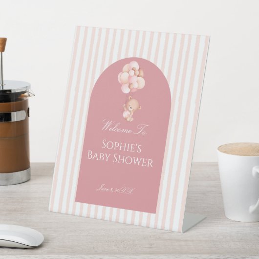 Pink Stripes Balloons Cute Teddy Bear Welcome 台座サイン (インサイチュ)