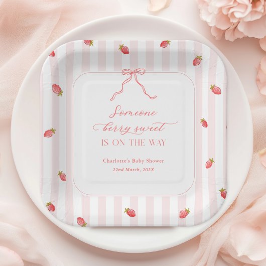 Pink Stripes Berry Sweet Baby Shower ペーパープレート