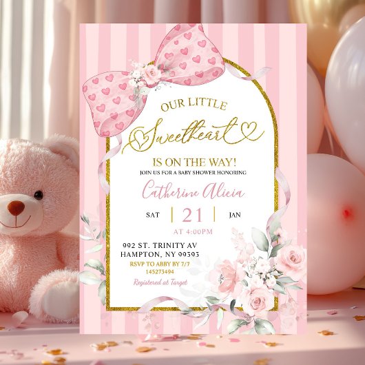 Pink Stripes Bow Coquette Sweetheart Baby Shower 招待状