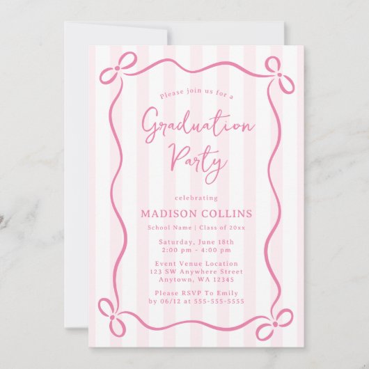Pink Stripes Bow Frame Graduation Party Photo 招待状 (正面)