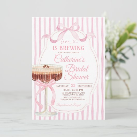 Pink Stripes Bow Love Is Brewing Bridal Shower  招待状 (スタンド正面)