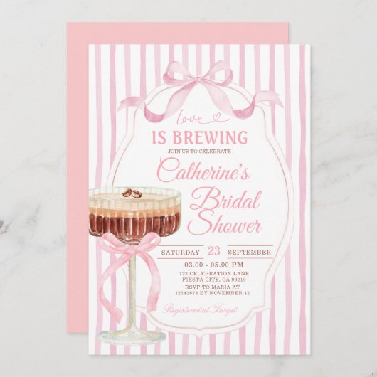 Pink Stripes Bow Love Is Brewing Bridal Shower 招待状 (正面/裏面)
