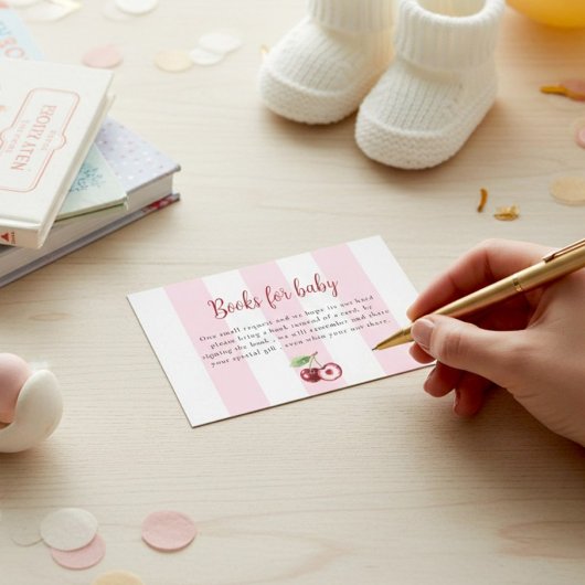 Pink Stripes Cherry Books for Baby Shower  エンクロージャーカード